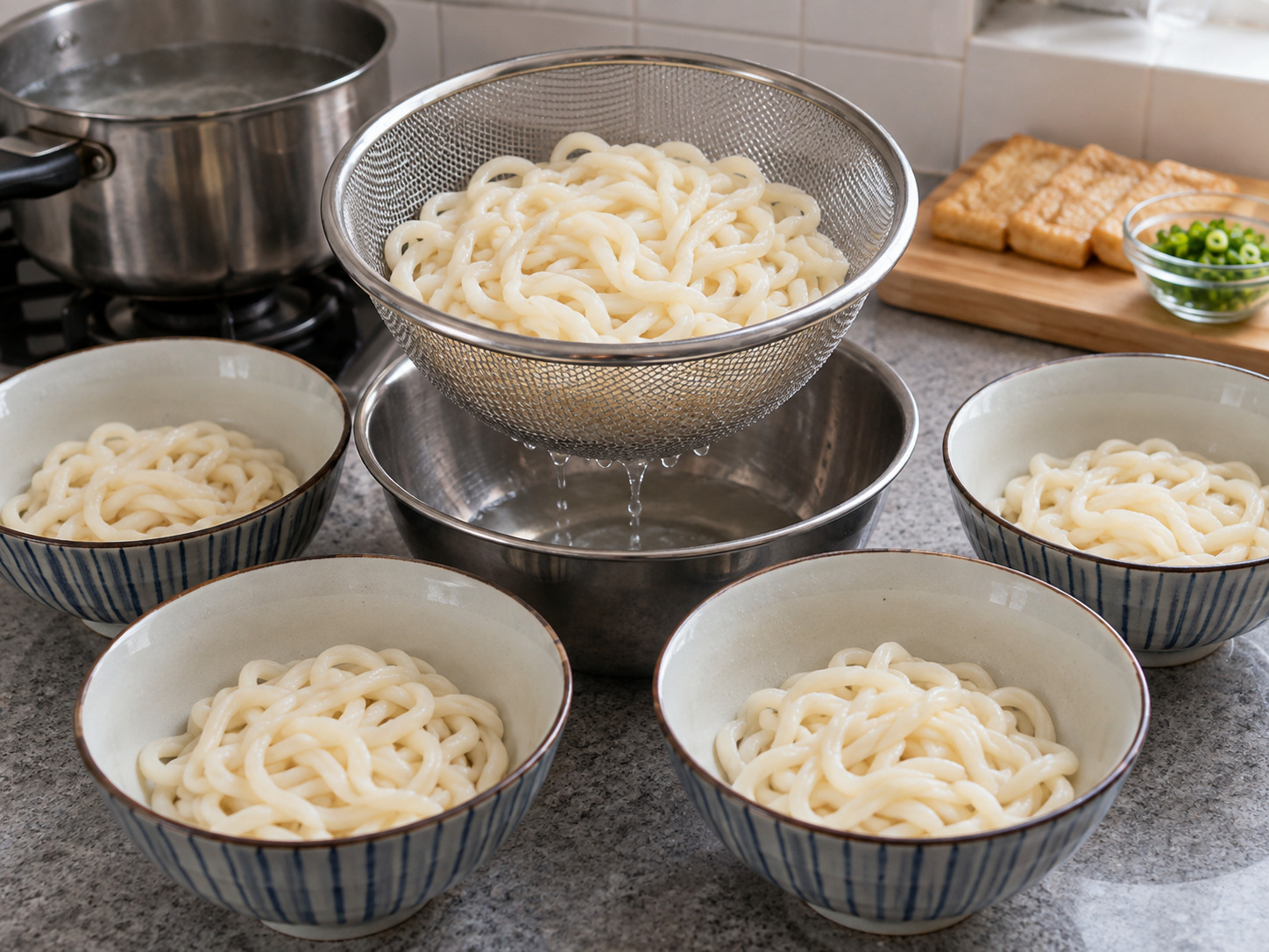 Udon Kitsune Jepang — Tiriskan udon dan bagi empat mangkuk