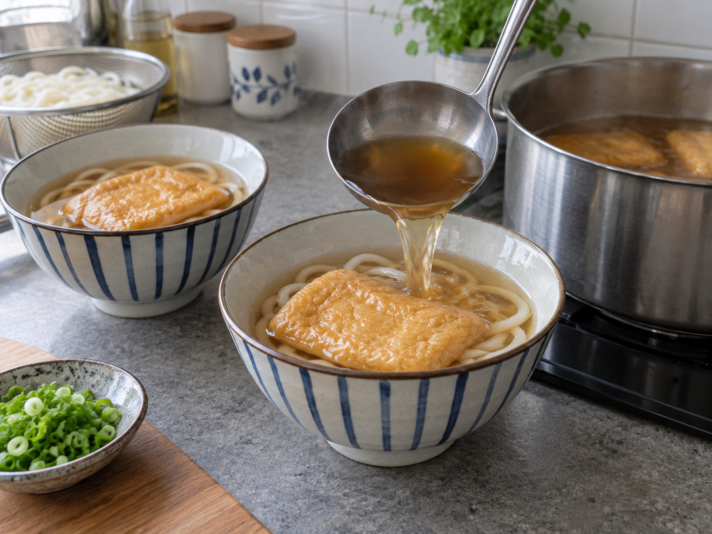 Udon Kitsune Jepang — Tuang kuah dan satu tahu ke tiap mangkuk