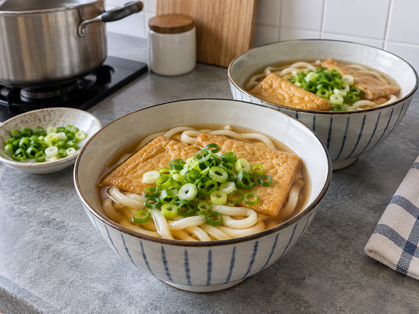 Udon Kitsune Jepang — Taburi daun bawang lalu sajikan panas