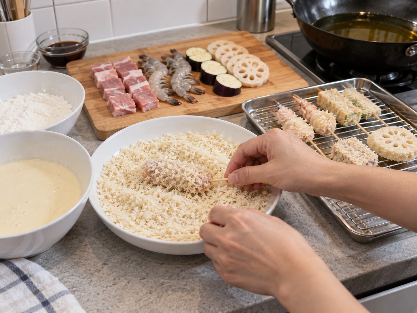 日式大阪串炸 — 均勻壓上 panko，放架上靜置五分鐘
