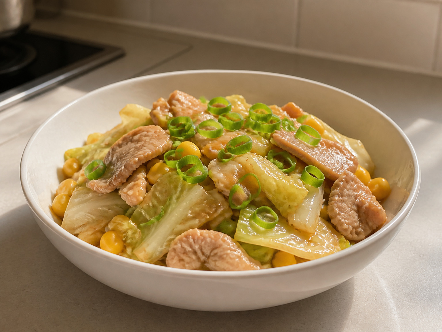 Japanese Miso-Butter Pork and Cabbage: Thin pork, cabbage and sweetcorn are coated in a mellow miso sauce and finished with glossy butter.