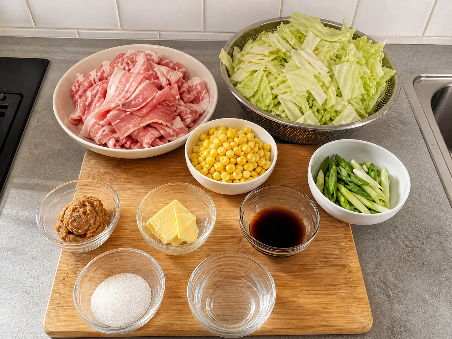 Hapones na Baboy at Repolyo sa Miso at Mantikilya: 500 g manipis na hiwang balikat o batok ng baboy, 500 g repolyo, 150 g butil ng mais, 3 kutsara miso, 30 g mantikilya, 1 kutsara toyo, 1 kutsarita asukal, 3 kutsara tubig, 2 tangkay dahon ng sibuyas