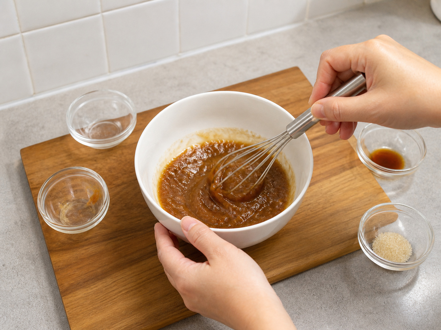 Paghaluin ang miso, toyo, asukal at tubig: Batihin sa maliit na mangkok ang miso, toyo, asukal at tubig hanggang tuluyang matunaw ang miso.