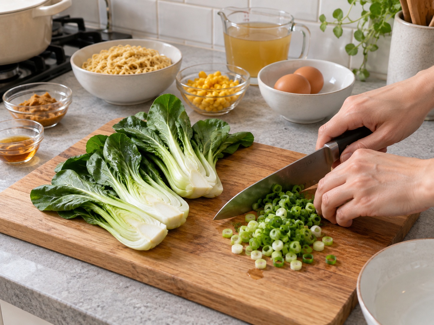 Japanese Miso Ramen with Corn and Egg — Prepare greens