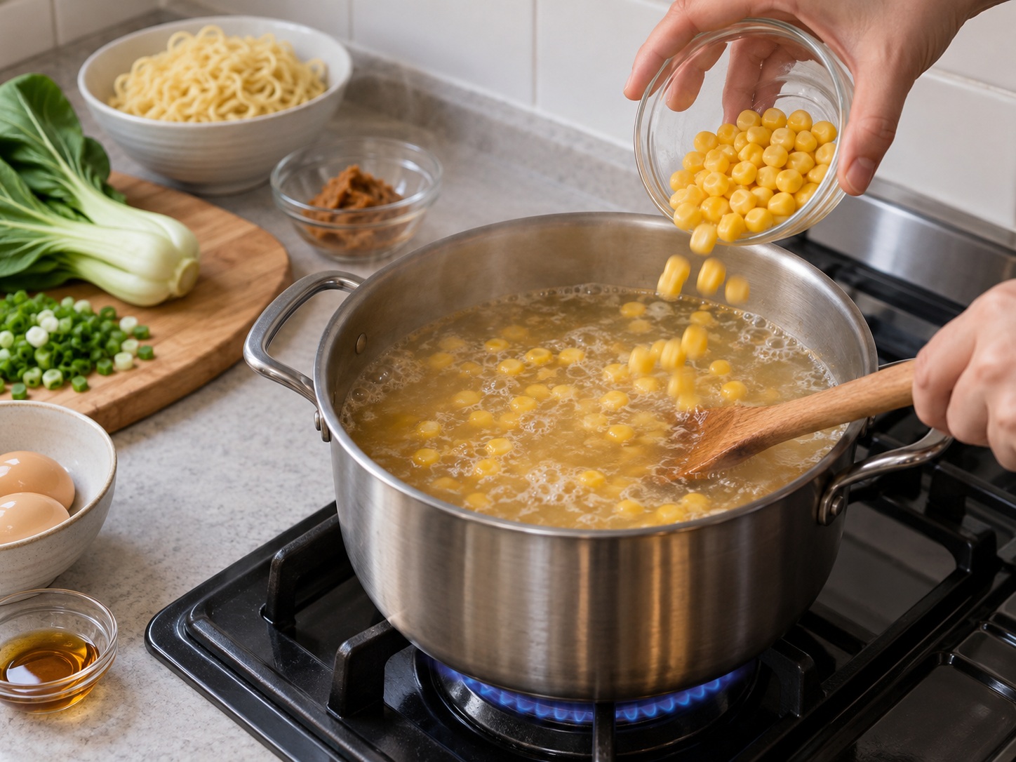 Japanese Miso Ramen with Corn and Egg — Warm corn