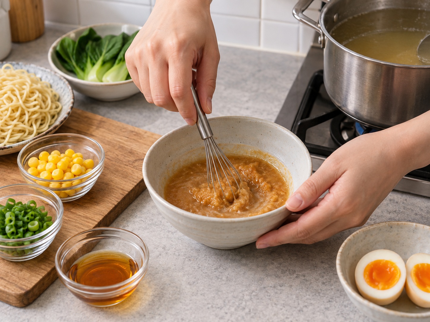 Japanese Miso Ramen with Corn and Egg — Loosen miso