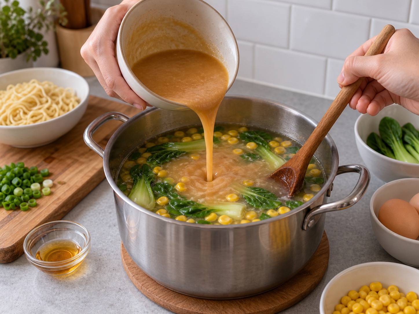 Japanese Miso Ramen with Corn and Egg — Finish broth