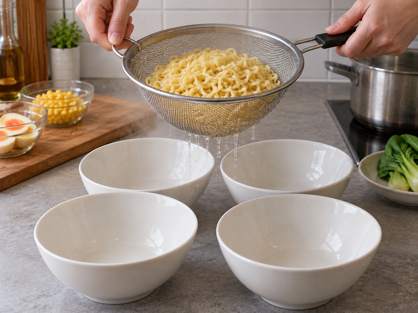 Japanese Miso Ramen with Corn and Egg — Drain noodles