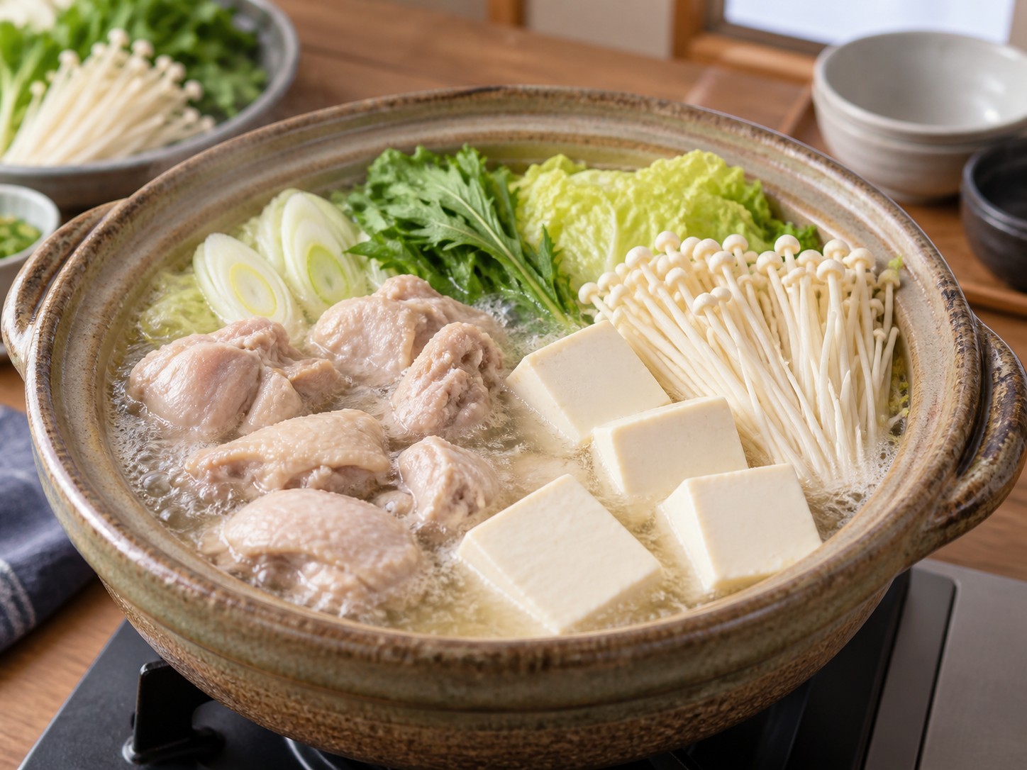 日式水炊雞肉鍋 — 加入豆腐金菇