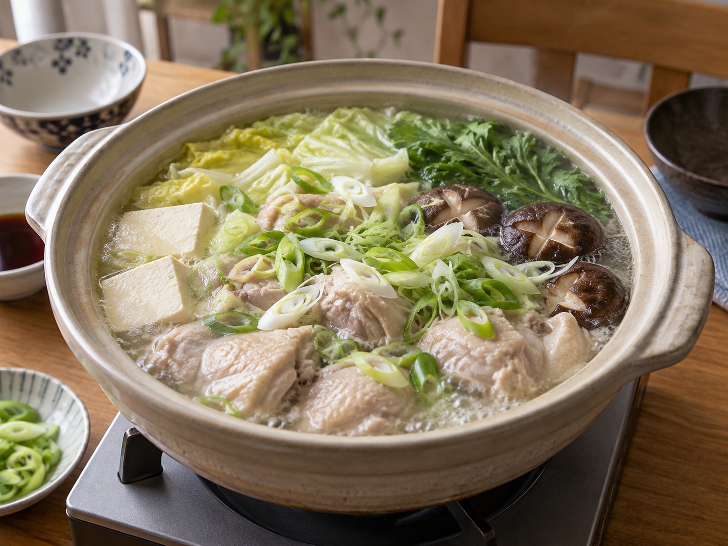 日式水炊雞肉鍋 — 撒葱上桌