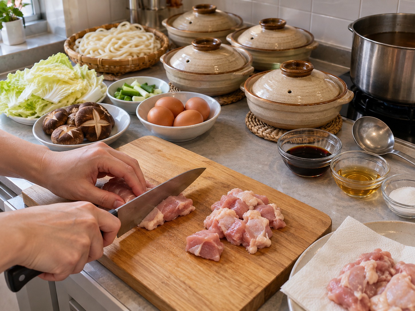 日式鍋燒烏冬 — 雞腿肉切一口件並抹乾