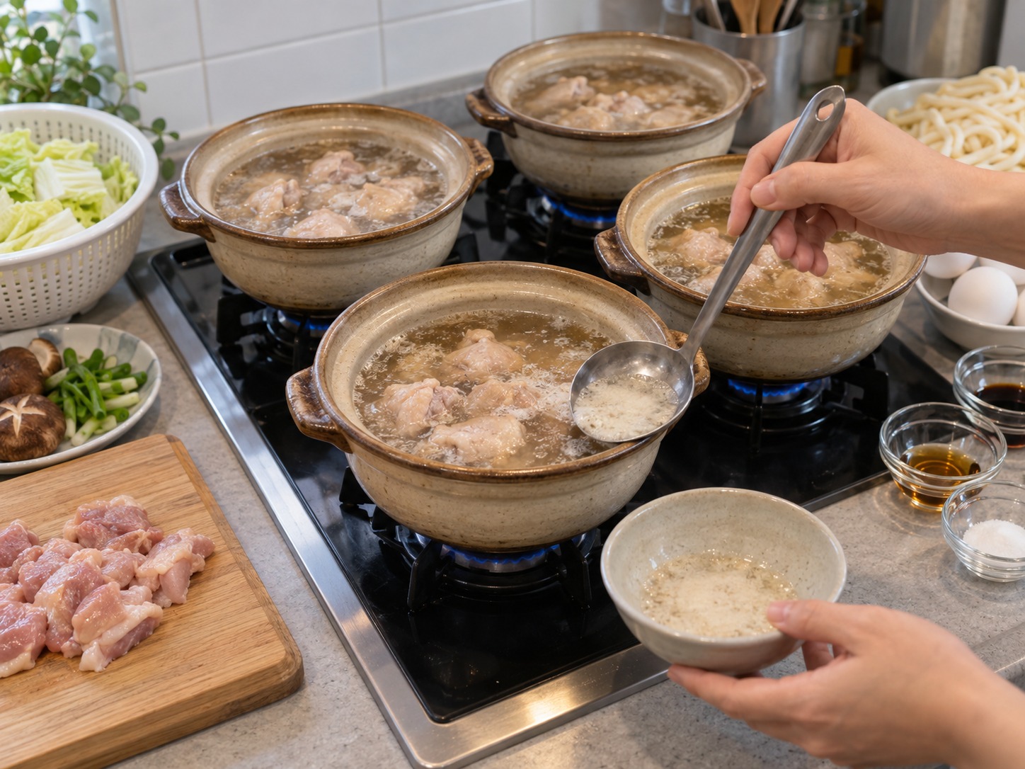 日式鍋燒烏冬 — 加入雞肉，以中火煮五分鐘並撇泡