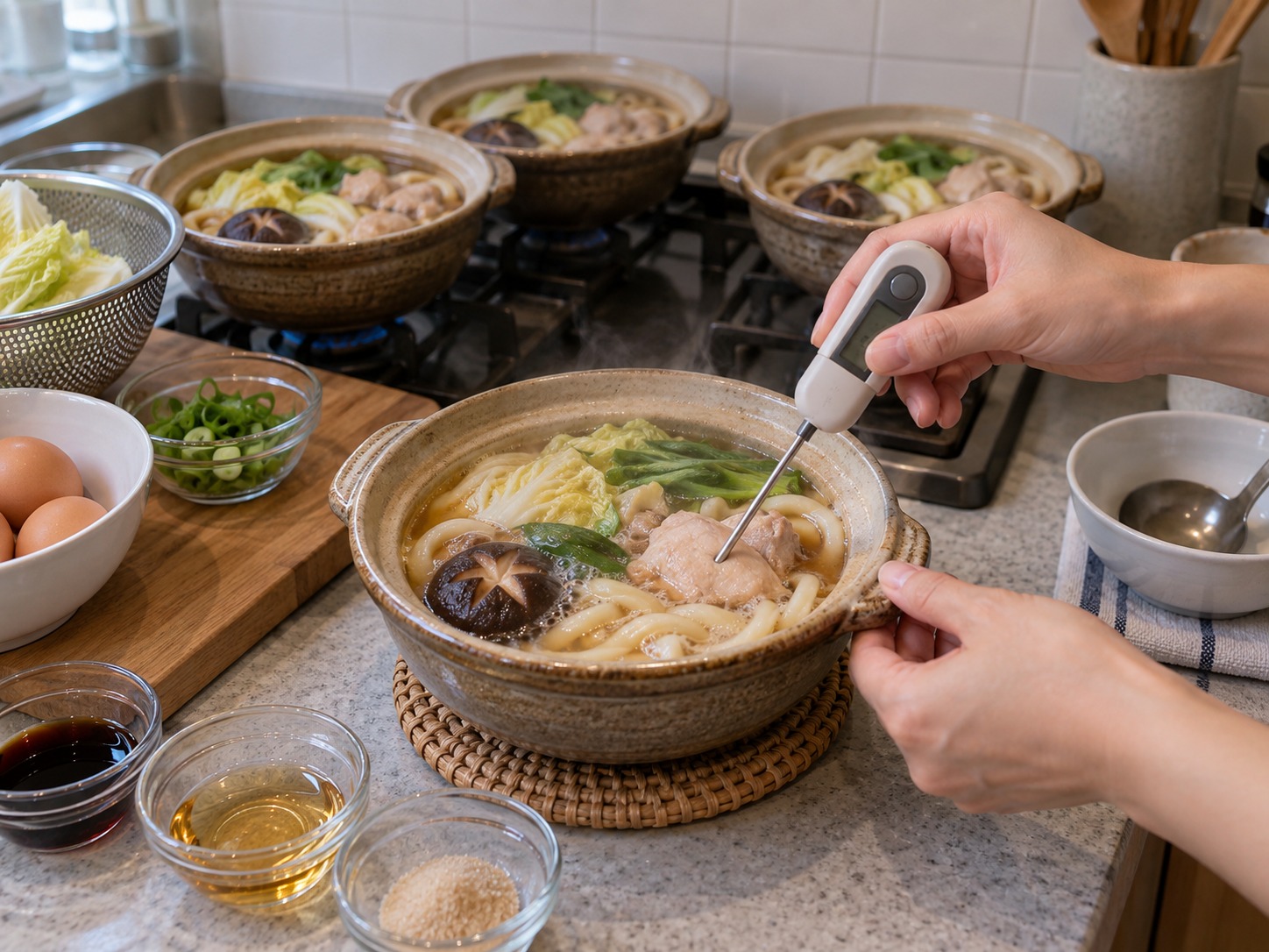 日式鍋燒烏冬 — 確認雞肉中心達 75°C