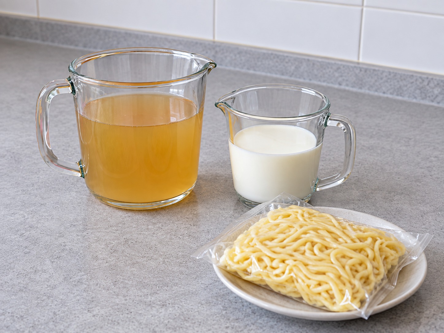 長崎什錦湯麵 — 雞湯及牛奶分別量好，查看麵條包裝煮食時間