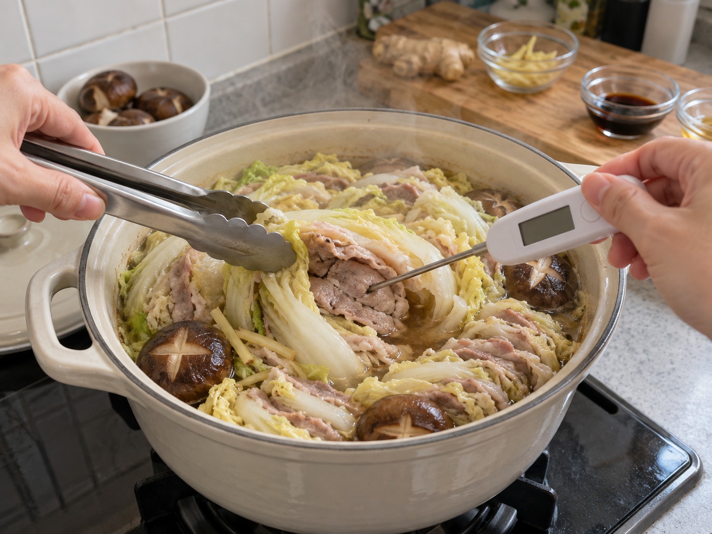 日式白菜豬肉千層鍋 — 夾開中央肉層，以食物溫度計確認中心至少達七十五度，白菜梗亦已柔軟