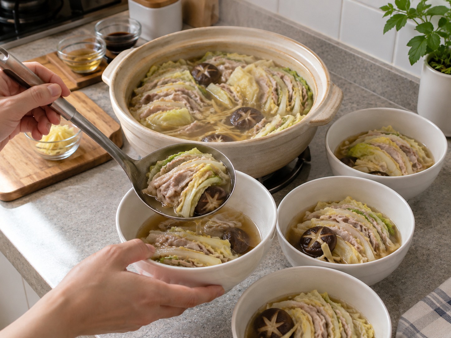 日式白菜豬肉千層鍋 — 連湯分入四隻碗，保持白菜豬肉層次完整