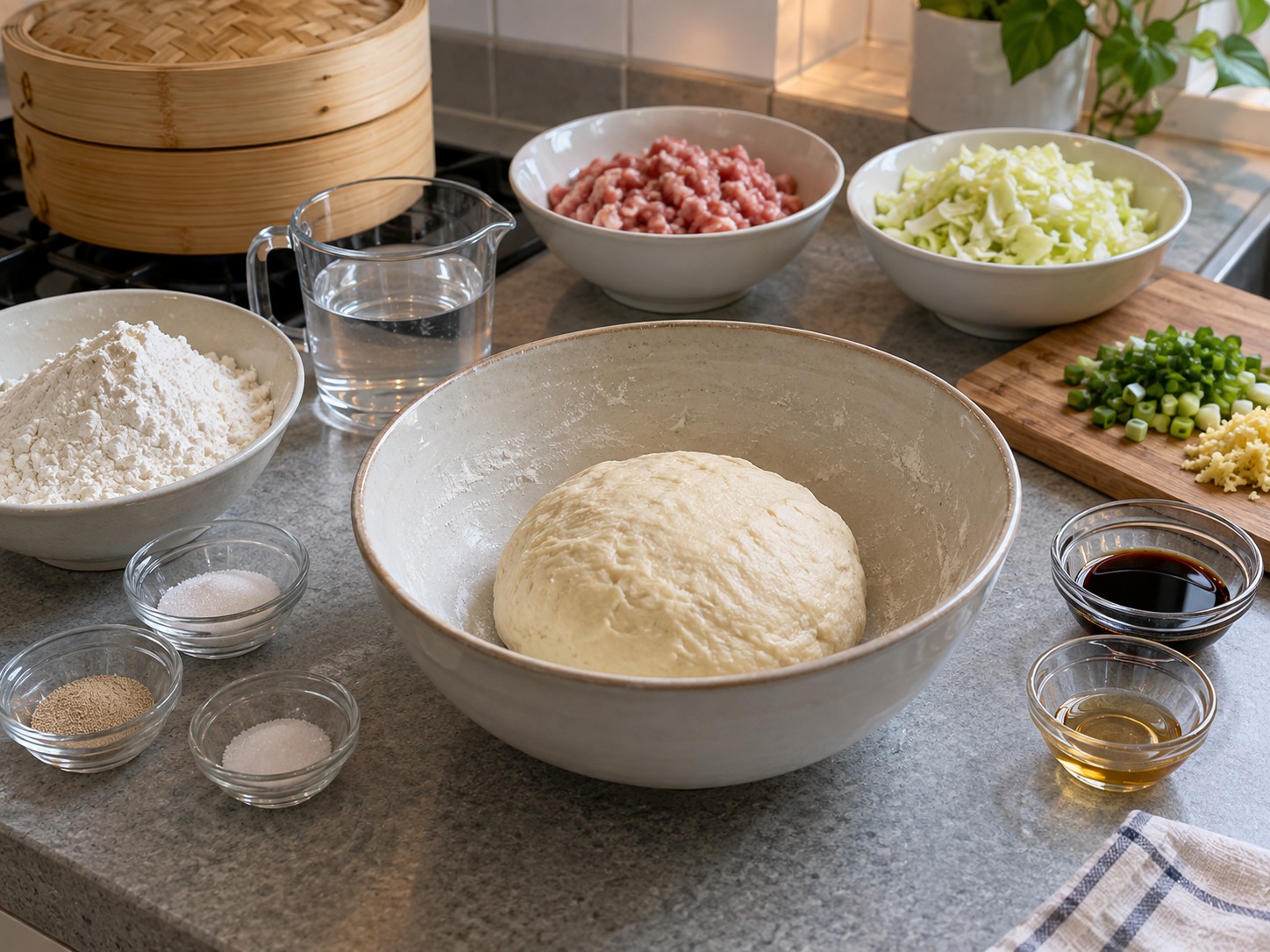 Japanese Nikuman Pork Buns — Masahin ang harina, yeast water, at kaunting asukal hanggang makinis ang masa