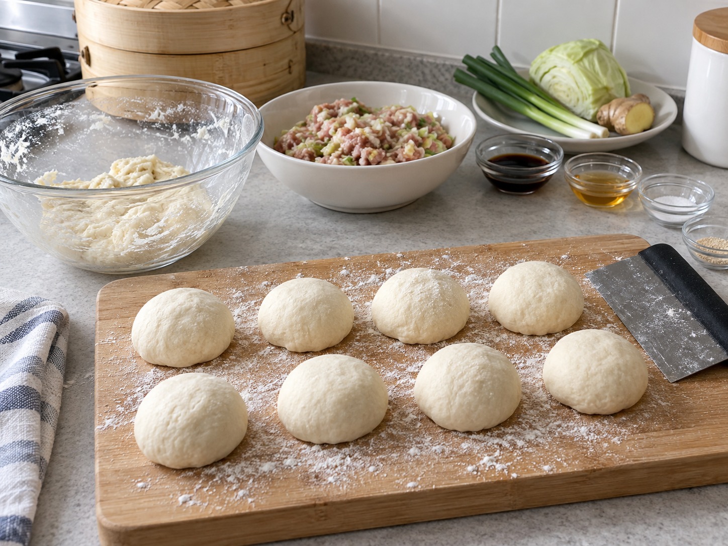 Japanese Nikuman Pork Buns — Pahingahin ang masa, hatiin sa walo, at bilugin