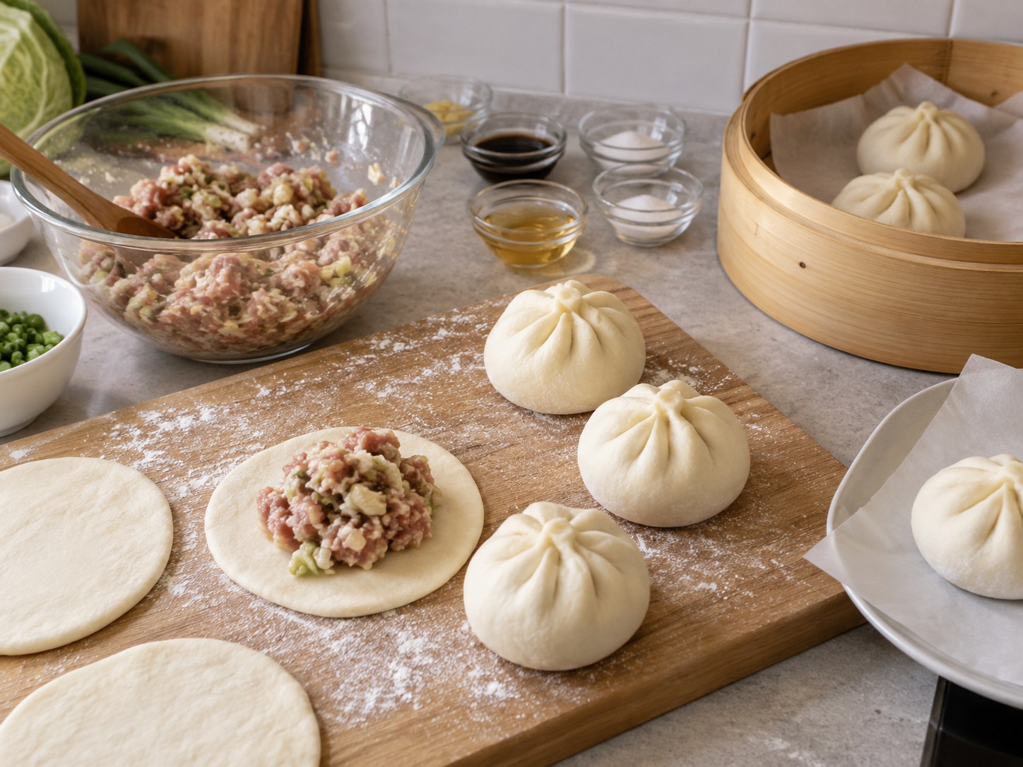 Japanese Nikuman Pork Buns — Lagyan ng palaman, kurutin ang tahi, at ilagay sa baking paper