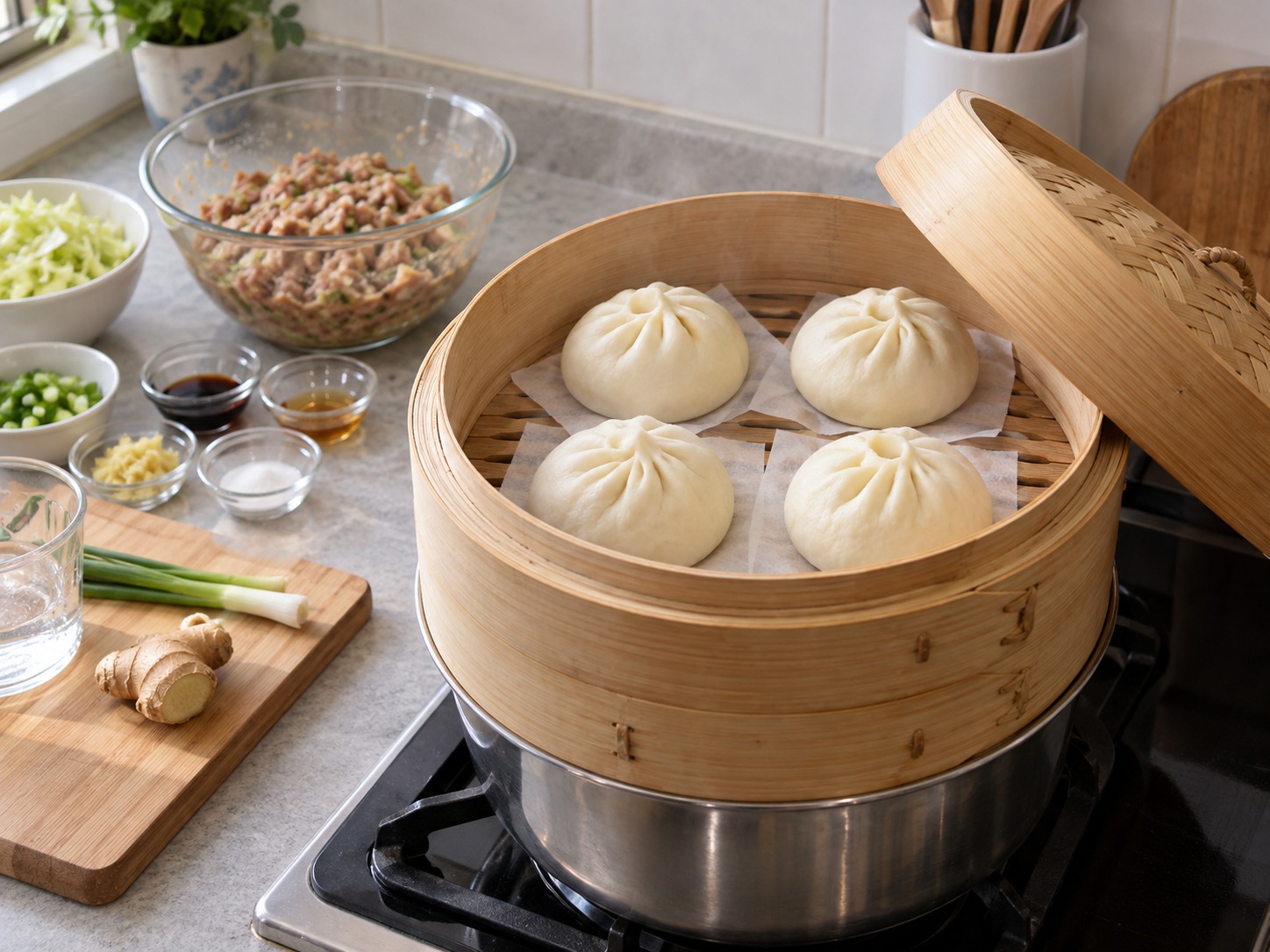 Japanese Nikuman Pork Buns — Ilagay sa steamer at paalsahin nang 15 minuto