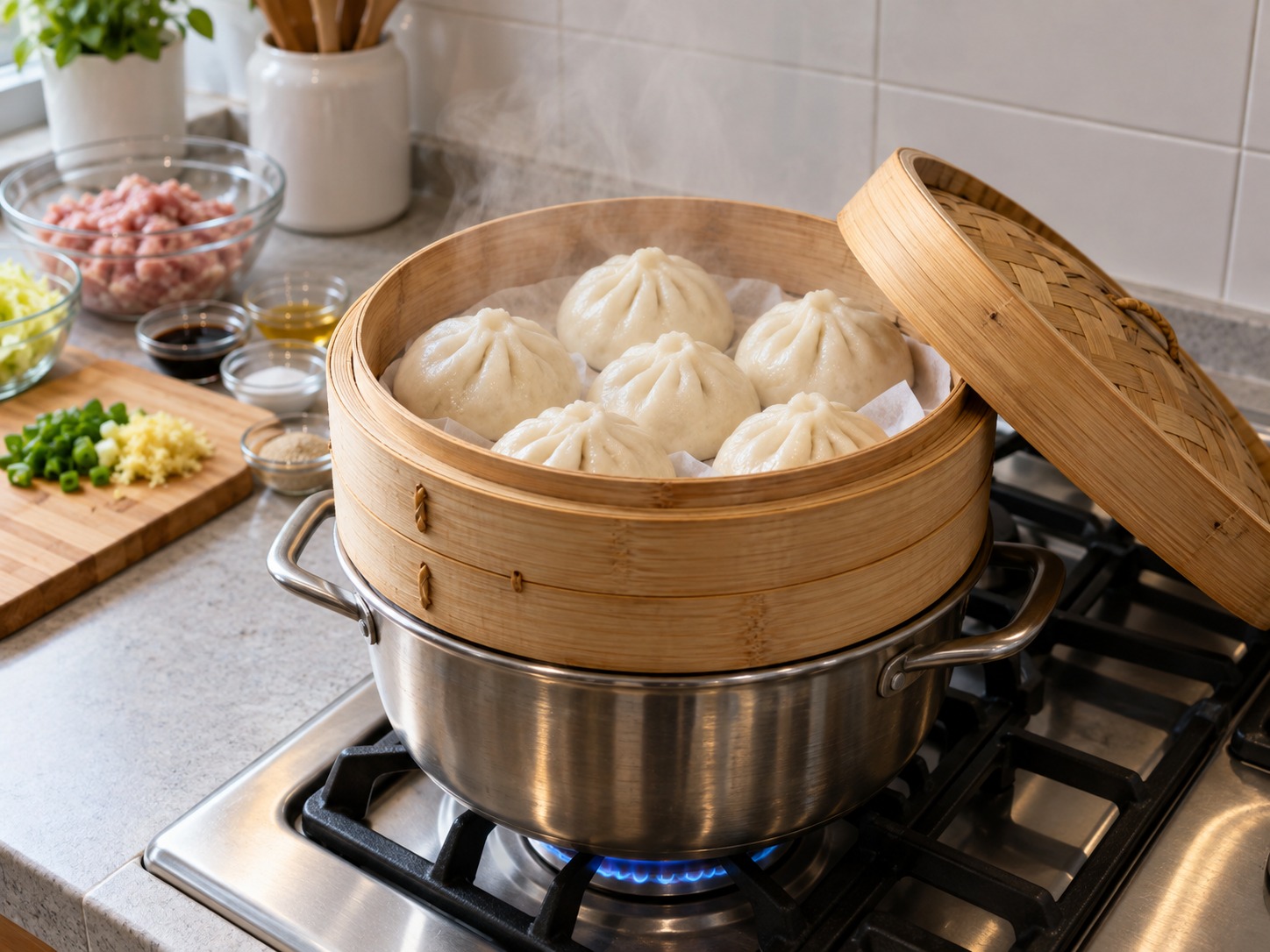 Japanese Nikuman Pork Buns — I-steam sa katamtamang init nang 15 minuto kapag kumukulo na ang tubig