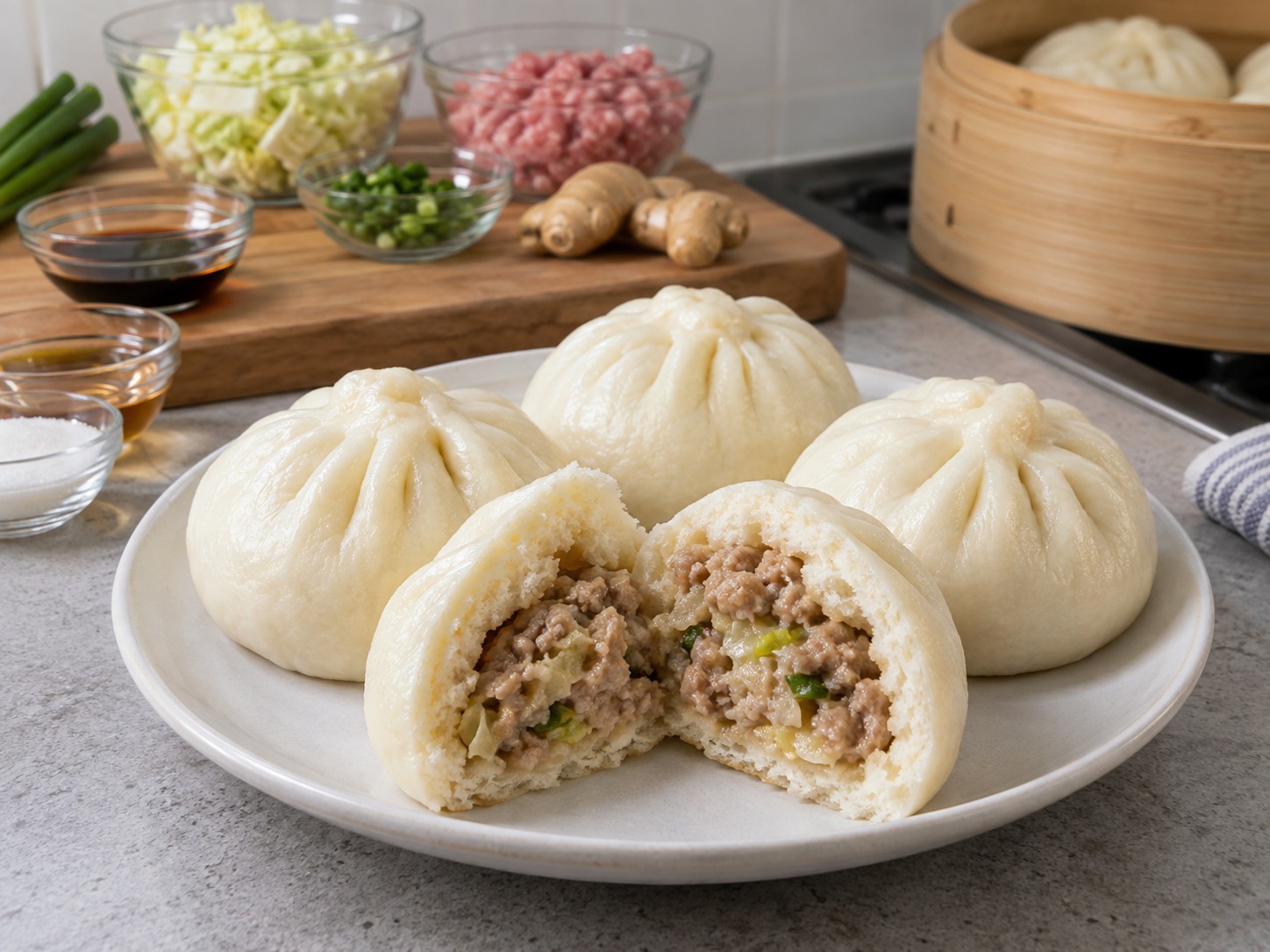 Japanese Nikuman Pork Buns — Hiwain ang isa at tiyaking umabot sa 71°C ang gitna ng palamang baboy, saka ihain nang mainit