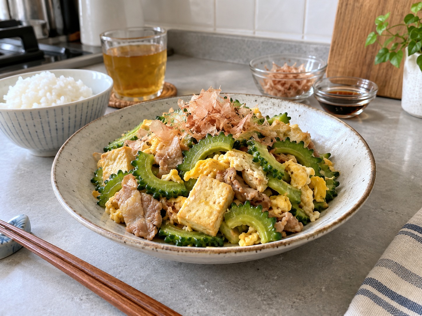 Tumis Pare Tahu Babi dan Telur Okinawa — hidangan selesai