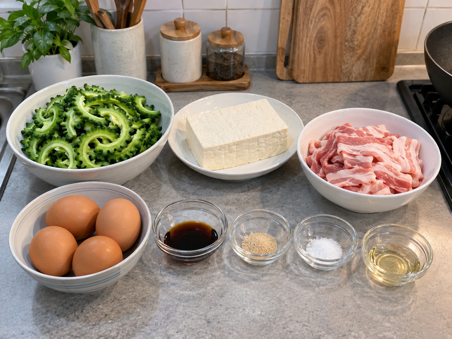 沖繩苦瓜豆腐豬肉炒蛋 — 材料