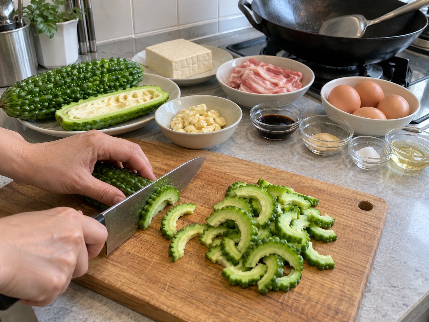 沖繩苦瓜豆腐豬肉炒蛋 — 苦瓜縱切去籽，切成五毫米薄片