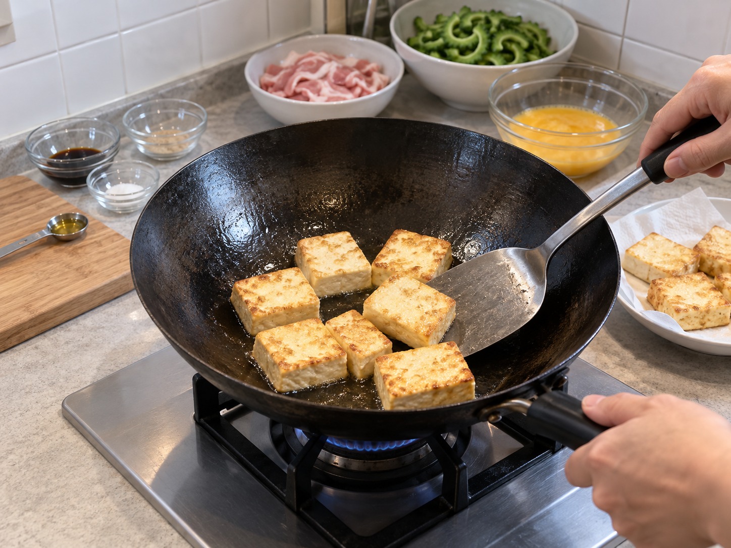 沖繩苦瓜豆腐豬肉炒蛋 — 大鑊加油，中高火把豆腐兩面煎金黃，盛起