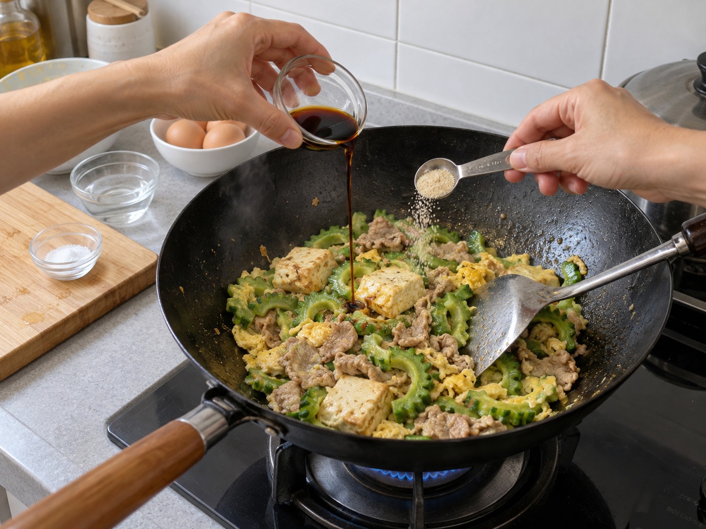 沖繩苦瓜豆腐豬肉炒蛋 — 加生抽和高湯粉，沿鑊邊灑一湯匙水