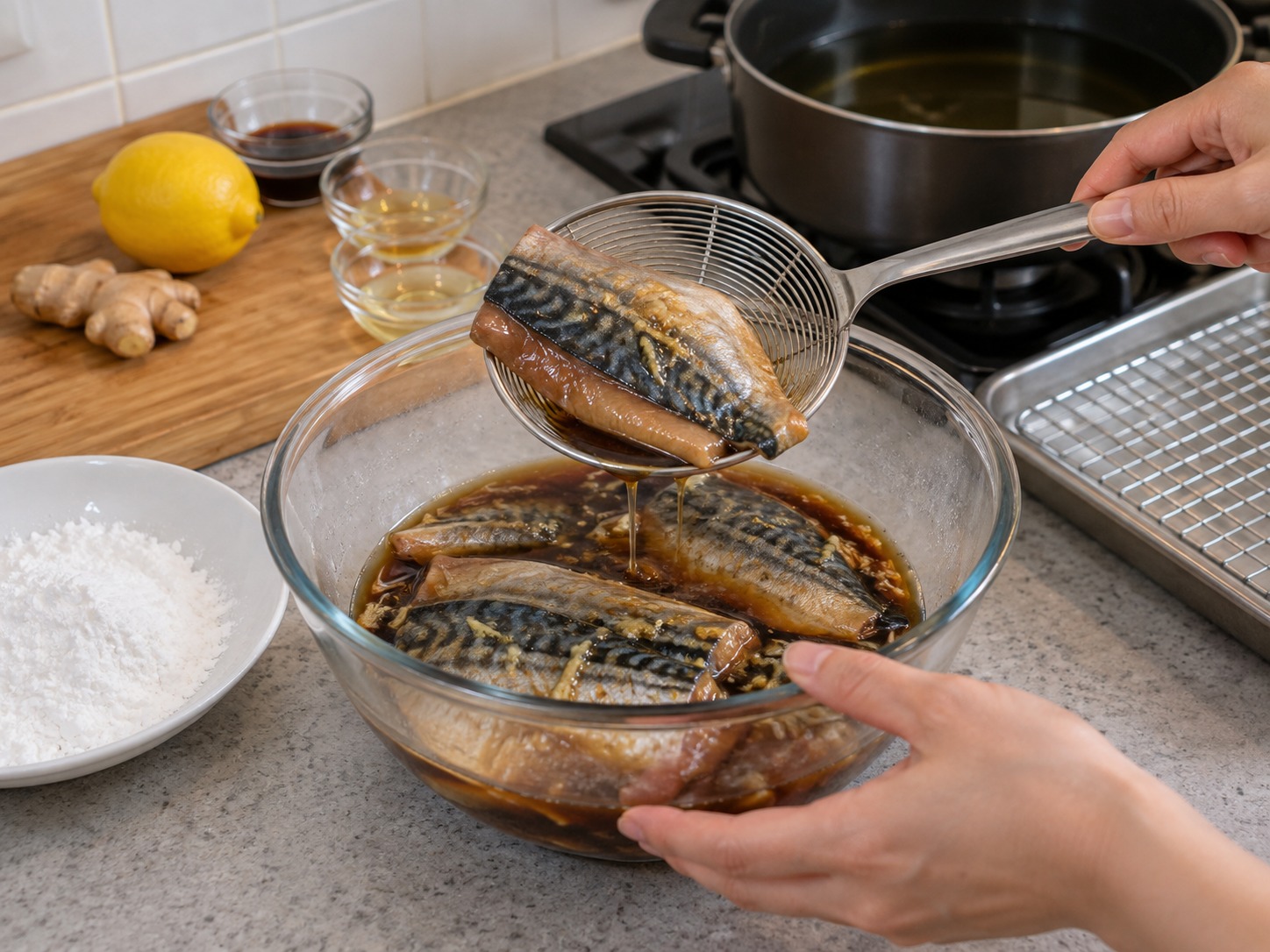 日式龍田炸鯖魚 — 取出魚件並瀝走多餘醃汁