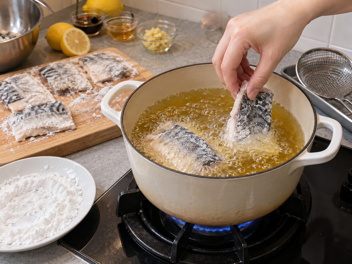 日式龍田炸鯖魚 — 鯖魚皮朝下分批放入油中