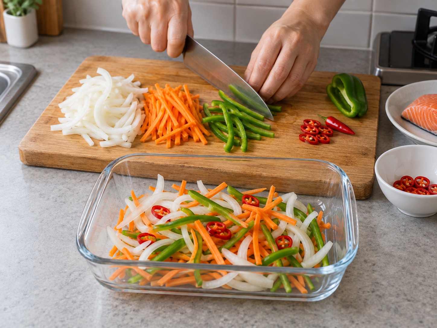 Japanese Salmon Nanbanzuke — Slice the vegetables
