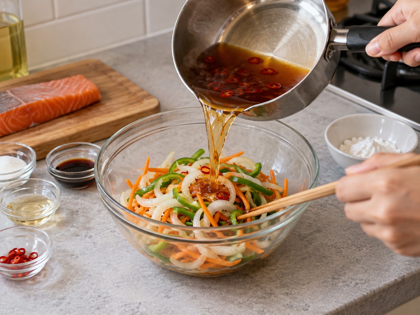 Japanese Salmon Nanbanzuke — Soften the vegetables