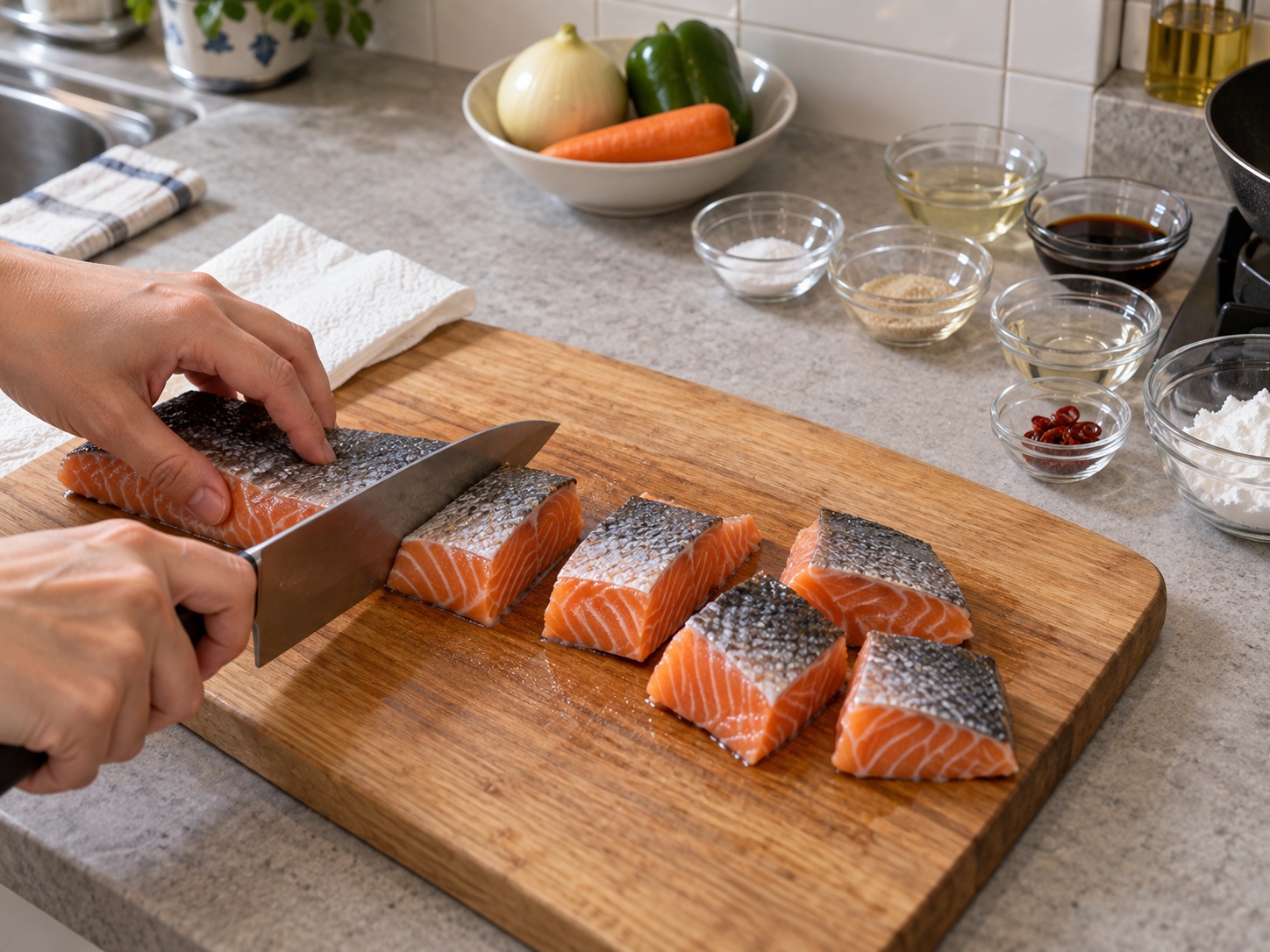 Japanese Salmon Nanbanzuke — Portion the salmon