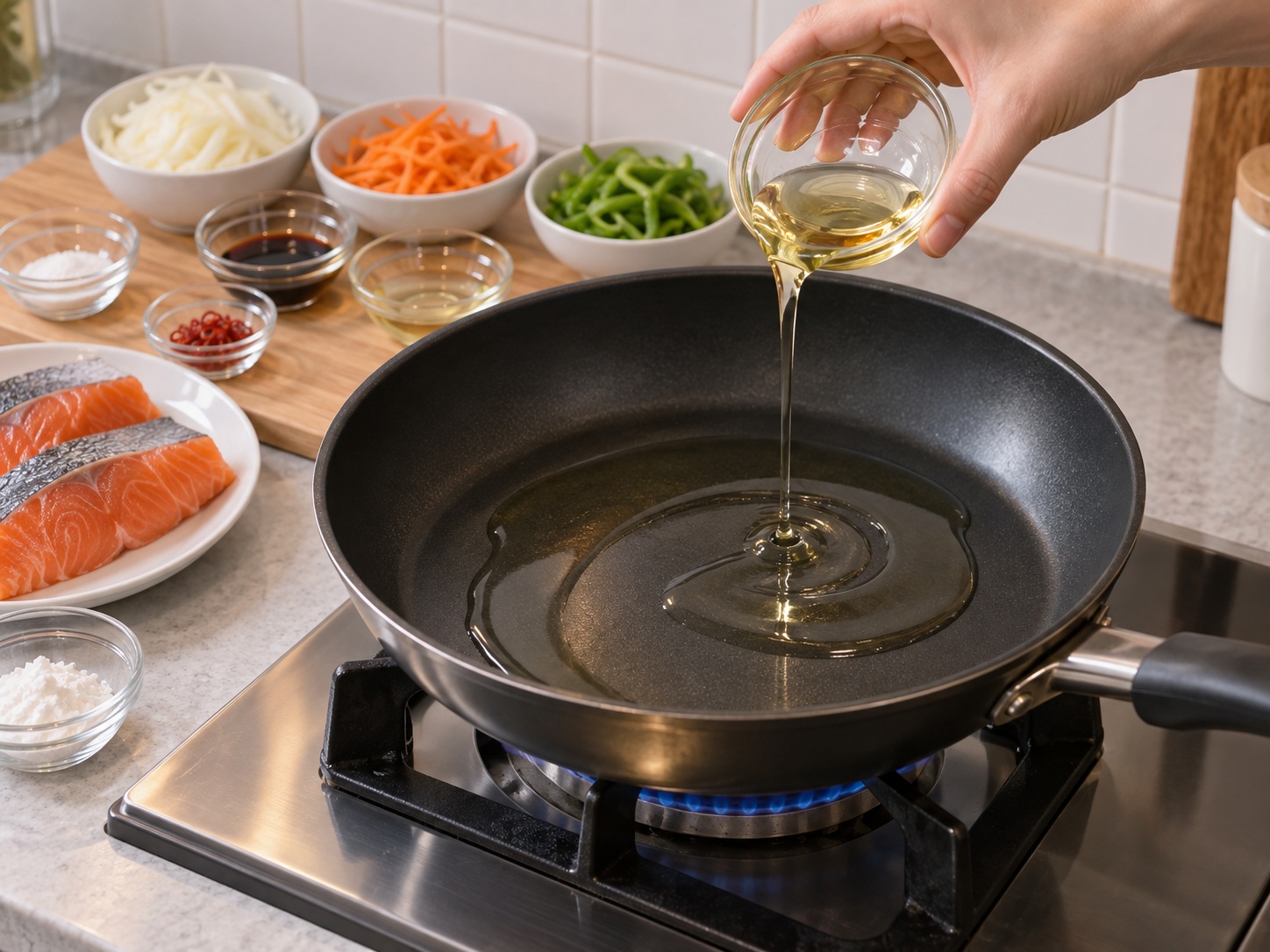 Japanese Salmon Nanbanzuke — Preheat the pan