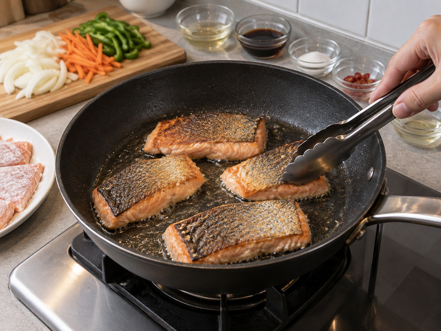 Japanese Salmon Nanbanzuke — Sear the skin side