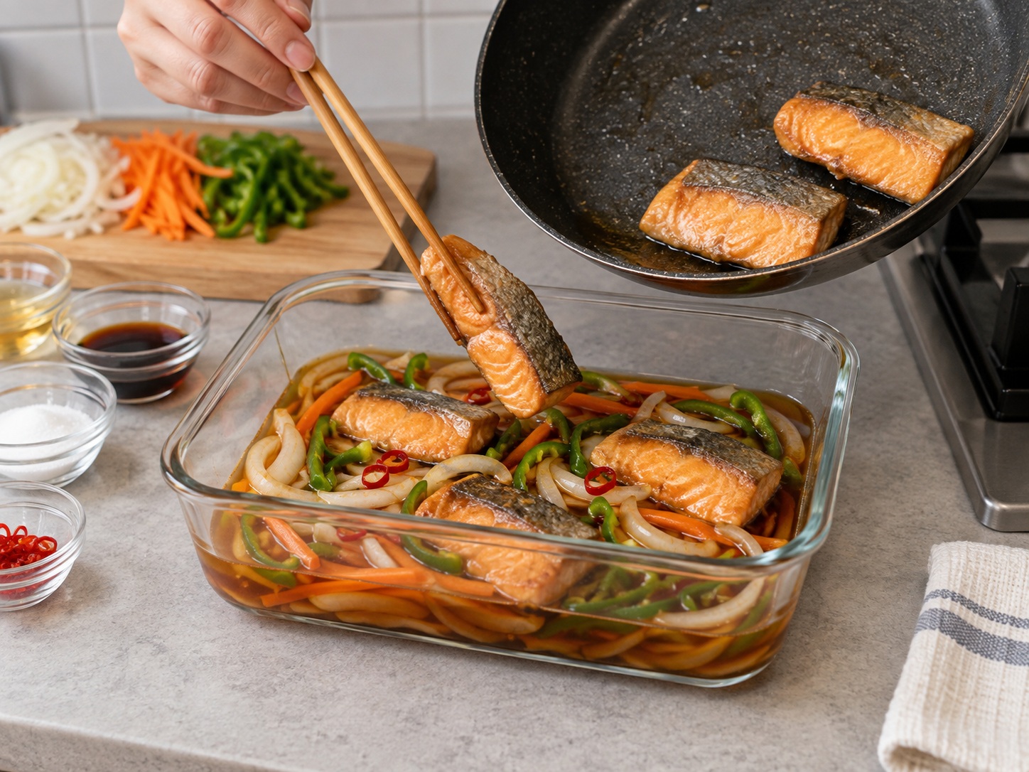 Japanese Salmon Nanbanzuke — Soak while hot