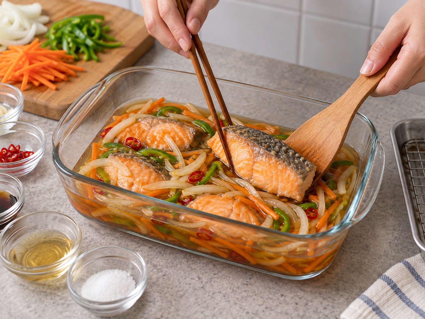 Japanese Salmon Nanbanzuke — Turn for even flavour