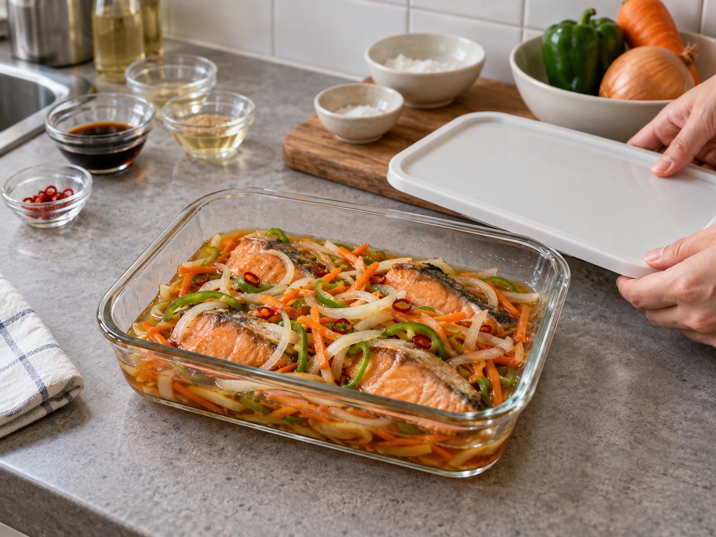 Japanese Salmon Nanbanzuke — Check and cool