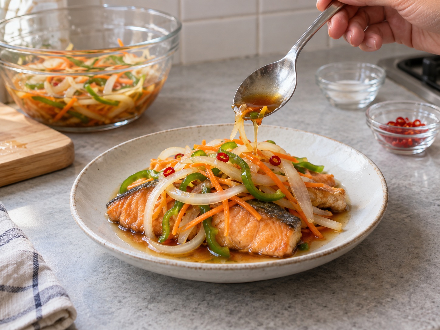 Japanese Salmon Nanbanzuke — Serve with the marinade