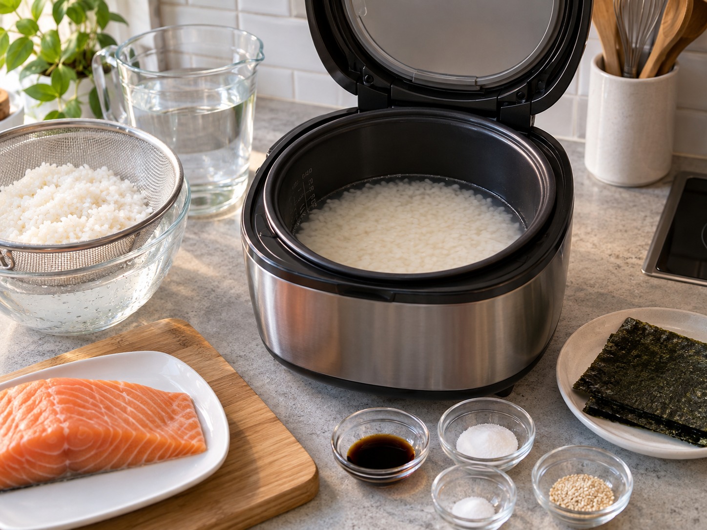 Onigiri Salmon Jepang — Cuci beras, tambah air lalu masak