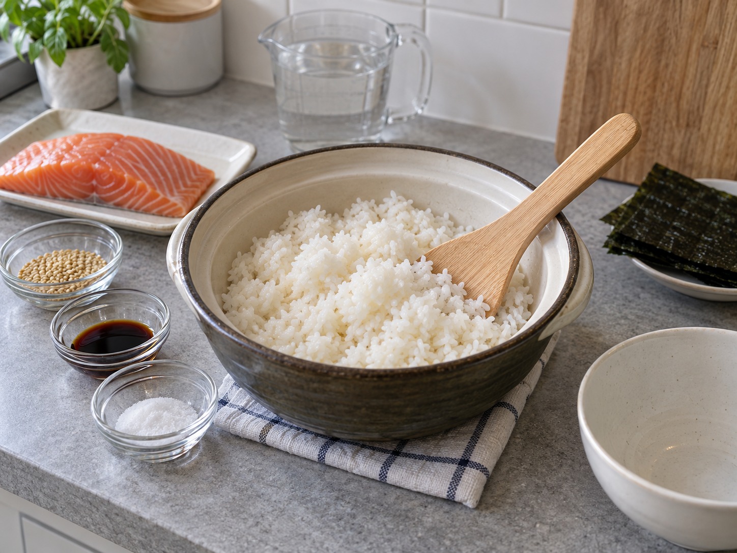 Onigiri Salmon Jepang — Aduk nasi lalu dinginkan sampai hangat