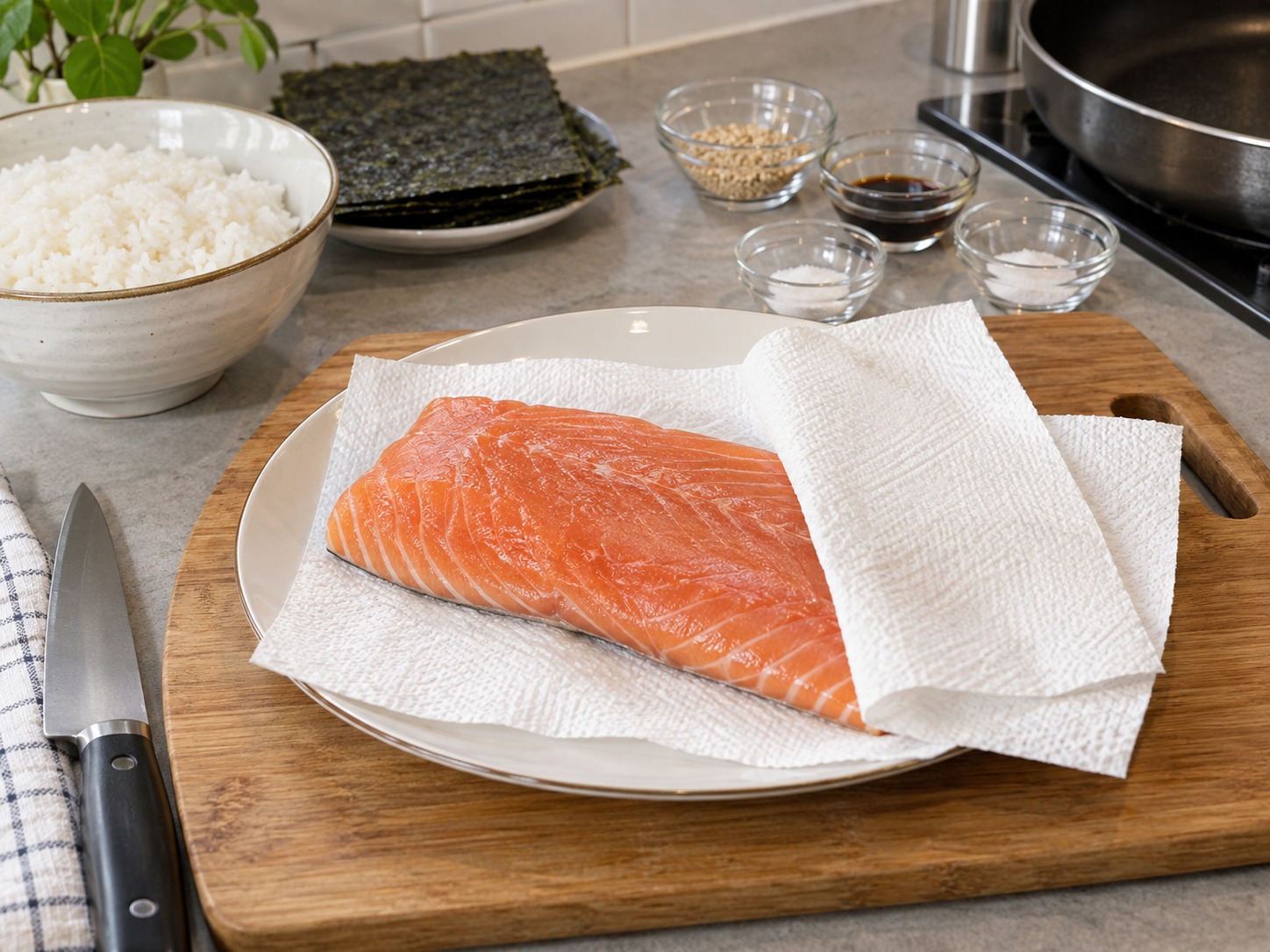 Onigiri Salmon Jepang — Periksa duri salmon lalu keringkan