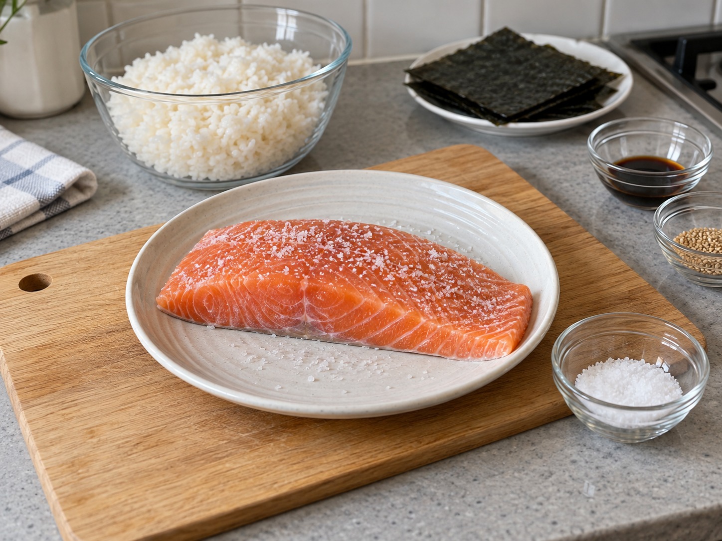 Onigiri Salmon Jepang — Garami salmon lalu diamkan sepuluh menit