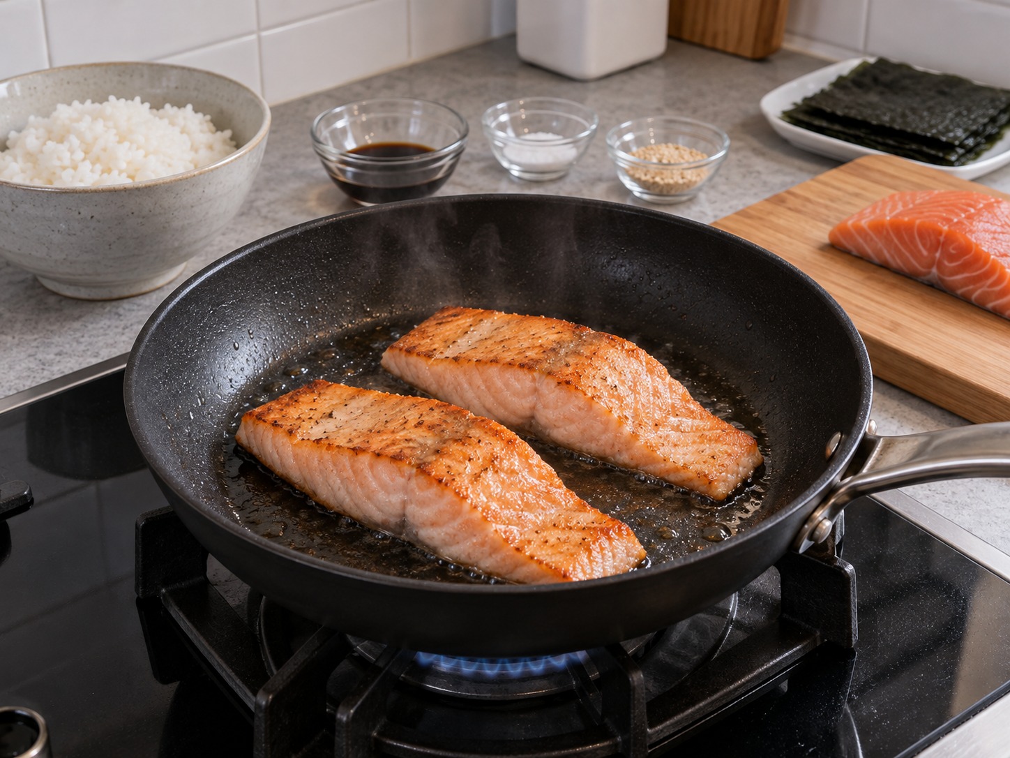 Onigiri Salmon Jepang — Masak salmon di wajan api sedang