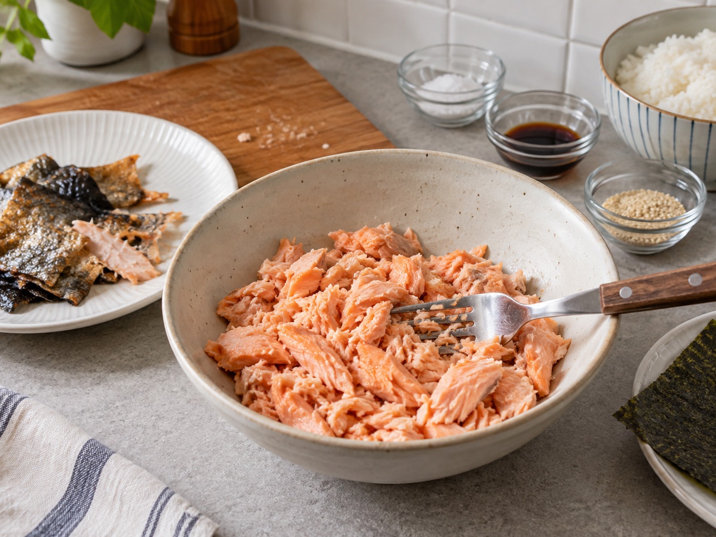 Onigiri Salmon Jepang — Buang kulit dan duri lalu suwir salmon