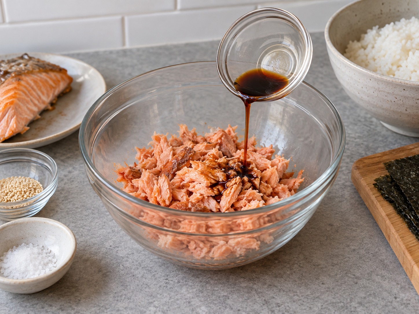 Onigiri Salmon Jepang — Campur salmon suwir dengan kecap