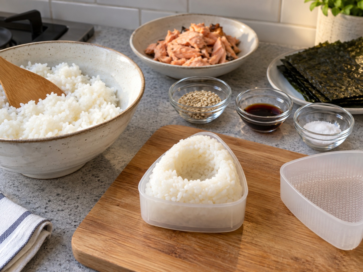 Onigiri Salmon Jepang — Basahi tangan lalu buat cekungan nasi